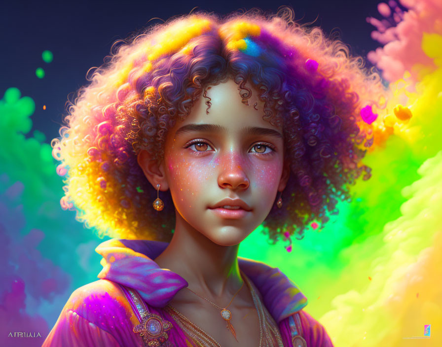 Colorful Digital Art: Young Girl with Vibrant Curly Hair & Sparkling Skin