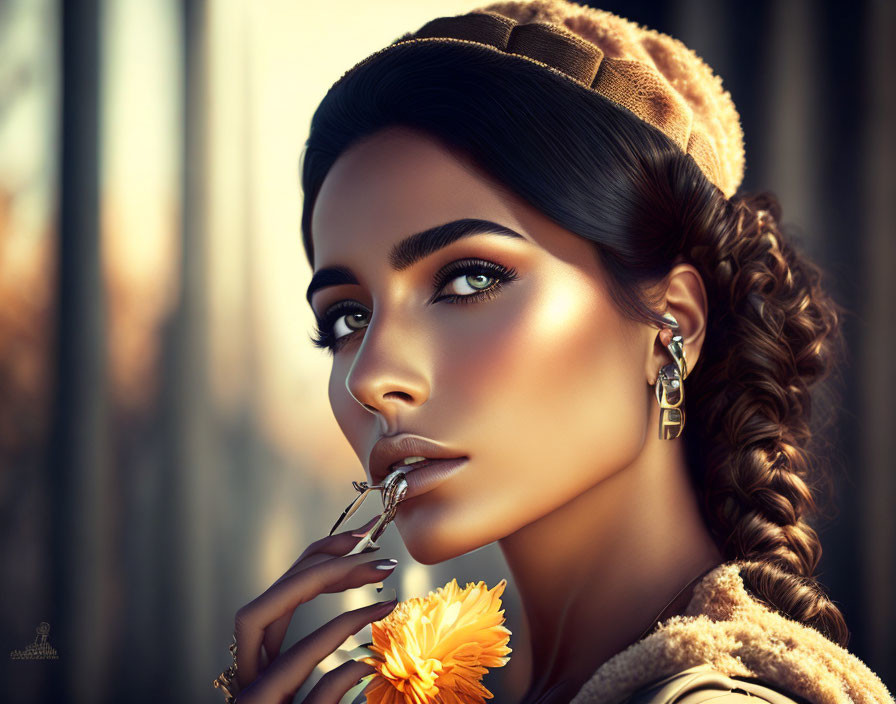 Woman with braided hair and beret, touching flower to lips with striking makeup and thoughtful expression