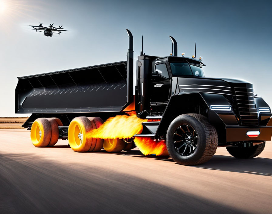 Black semi-truck with flaming exhaust racing on road with drone above in clear sky