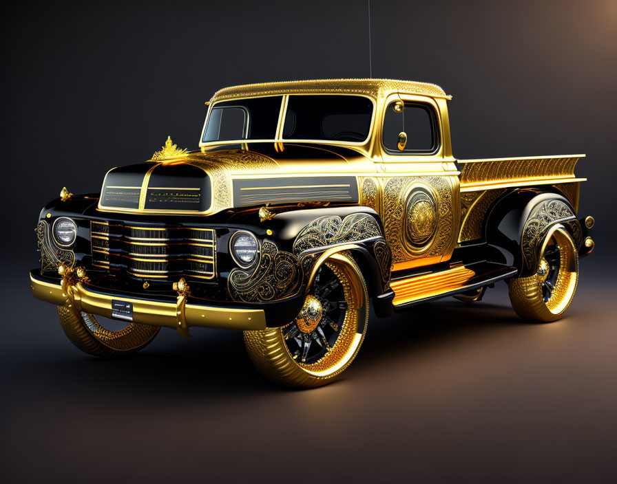 Vintage Pickup Truck with Black and Gold Ornate Design