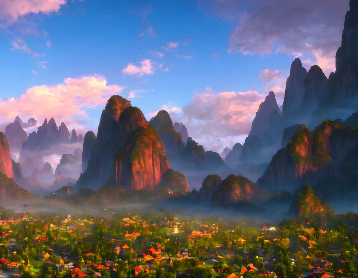 Misty sunrise over vibrant settlement in valley