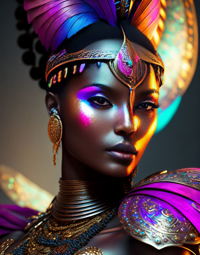 Colorful woman portrait with vibrant makeup and elaborate headpiece.