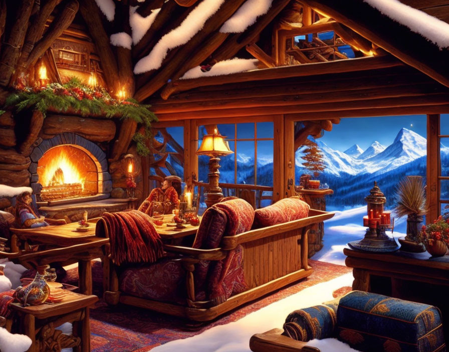 Rustic Mountain Cabin Interior with Fireplace and Snowy View