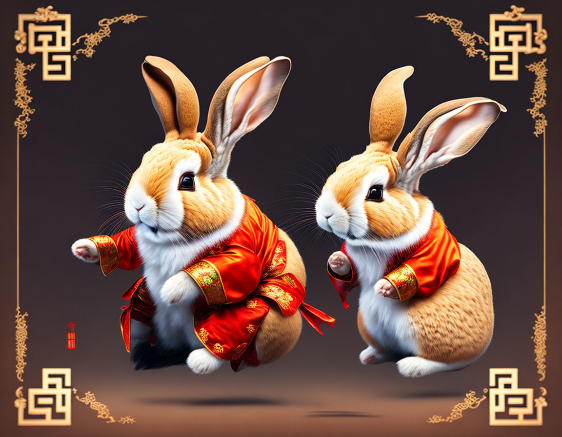 Cartoon rabbits in Chinese attire practicing martial arts in front of Asian-themed backdrop