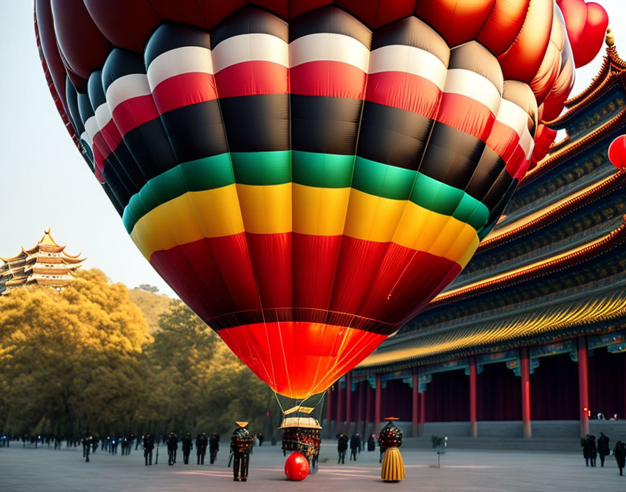 Colorful hot air balloon near traditional Asian architecture with onlookers