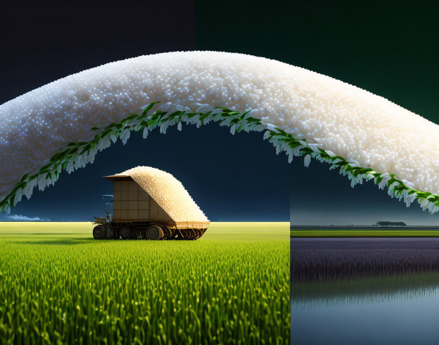 Surreal image of giant rice wave over paddy with tractor, day-night split