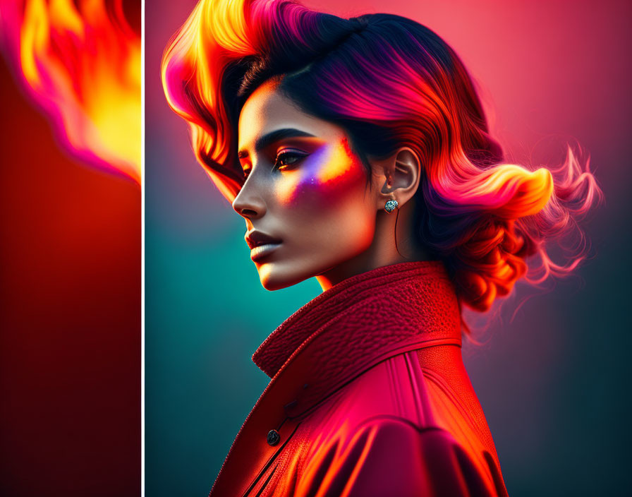 Profile of woman with orange to purple hair, neon lighting, red jacket, colorful backdrop