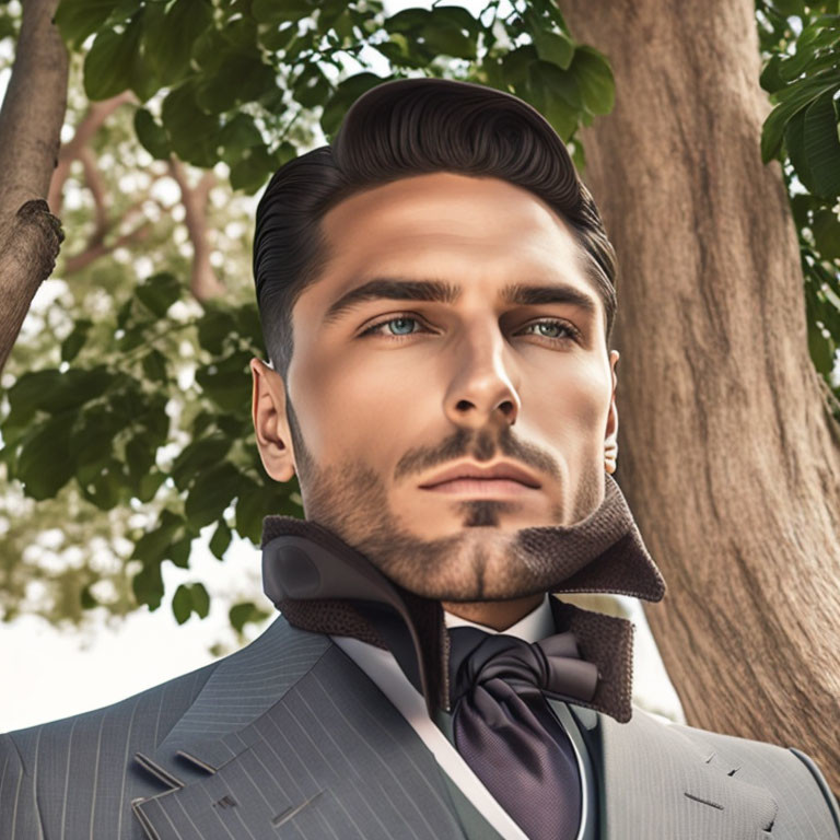 Bearded man in suit and bow tie with blue eyes, tree backdrop