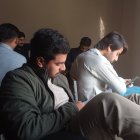 Three students with backpacks writing near a window, one student wearing headphones