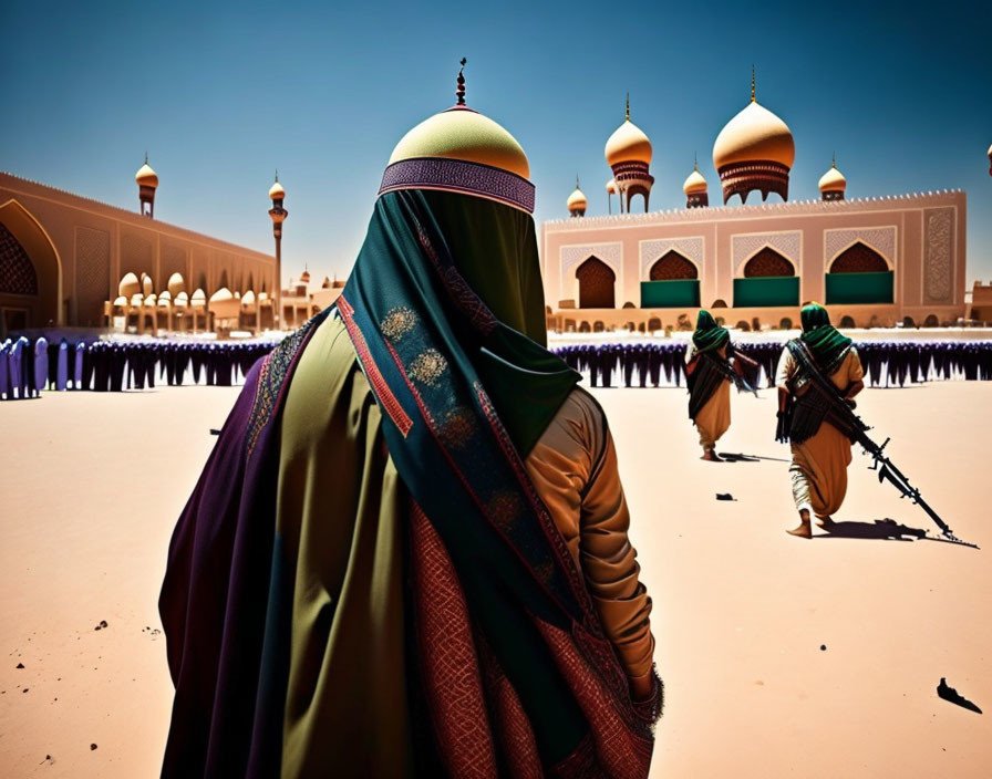 Woman in traditional hijab at mosque with soldiers under sun