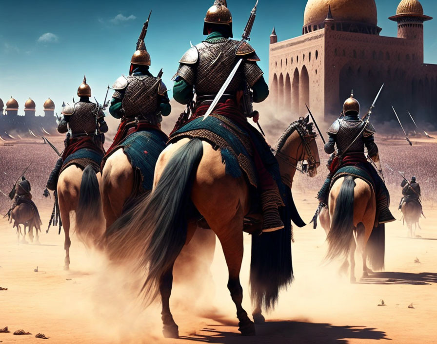 Four armored knights on horseback near desert fortress under clear sky