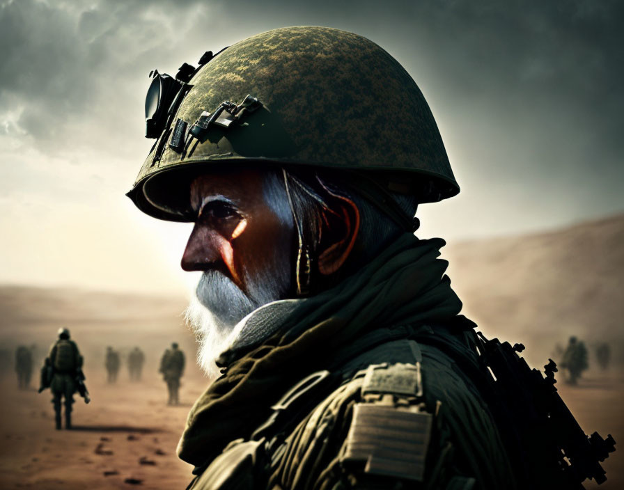 Elderly soldier in helmet and goggles gazes into desert with troops