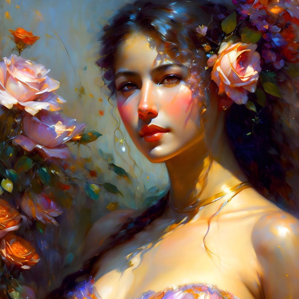 Portrait of woman with flower-adorned hair in soft-focus rose blend