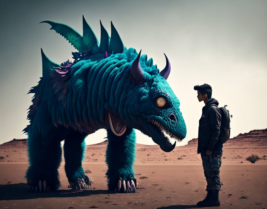 Person facing blue dragon-like creature in desert at dusk