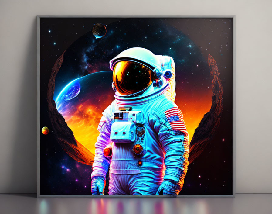 Astronaut in space suit with cosmic backdrop and planets on framed screen