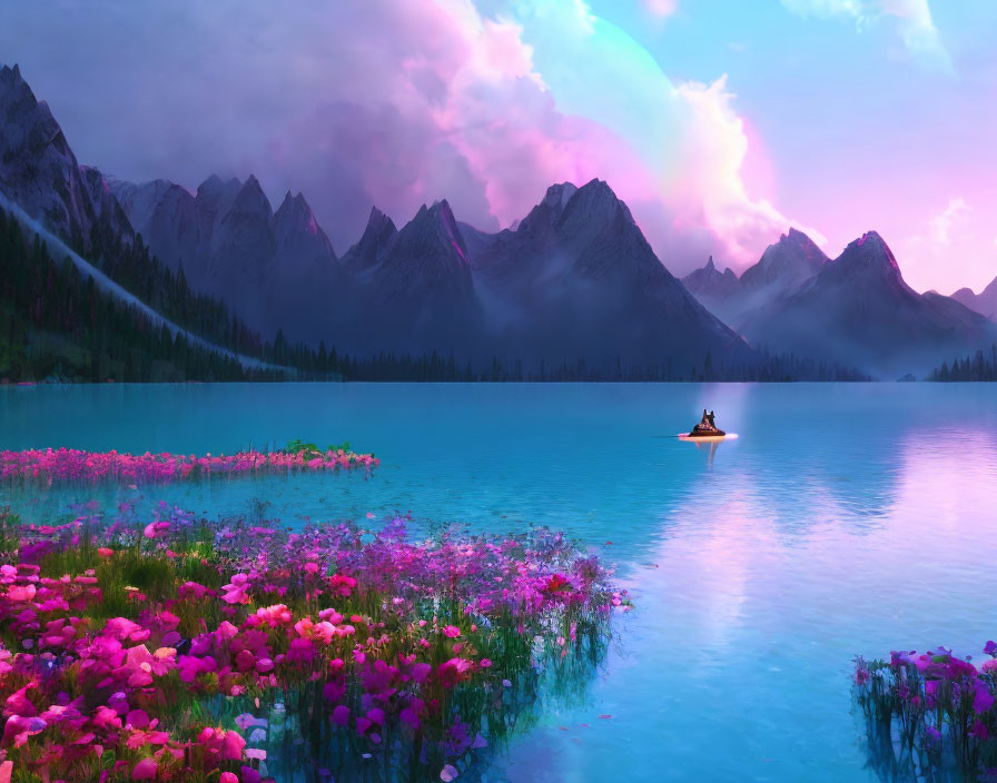 Person paddling boat on serene lake with pink flowers, dramatic mountains, and vivid sky