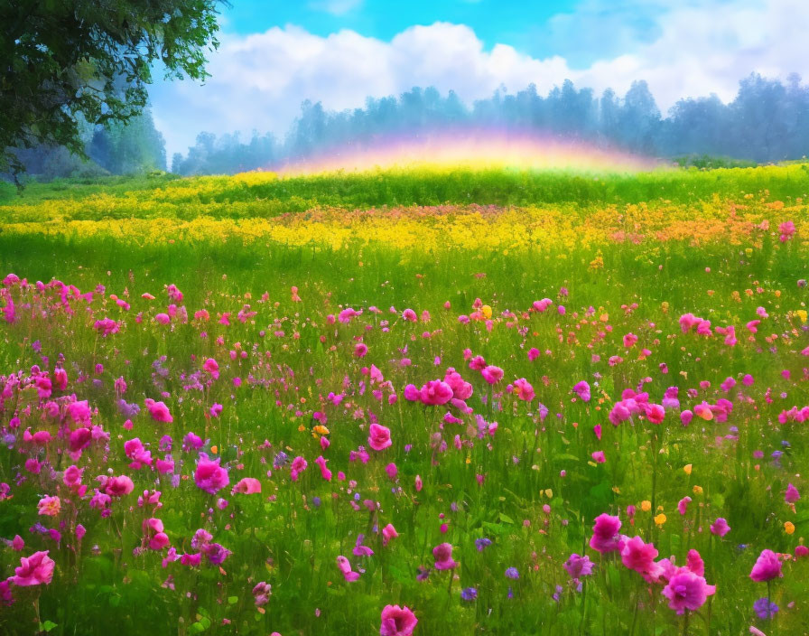 Colorful flower meadow with rainbow over misty forest clearing