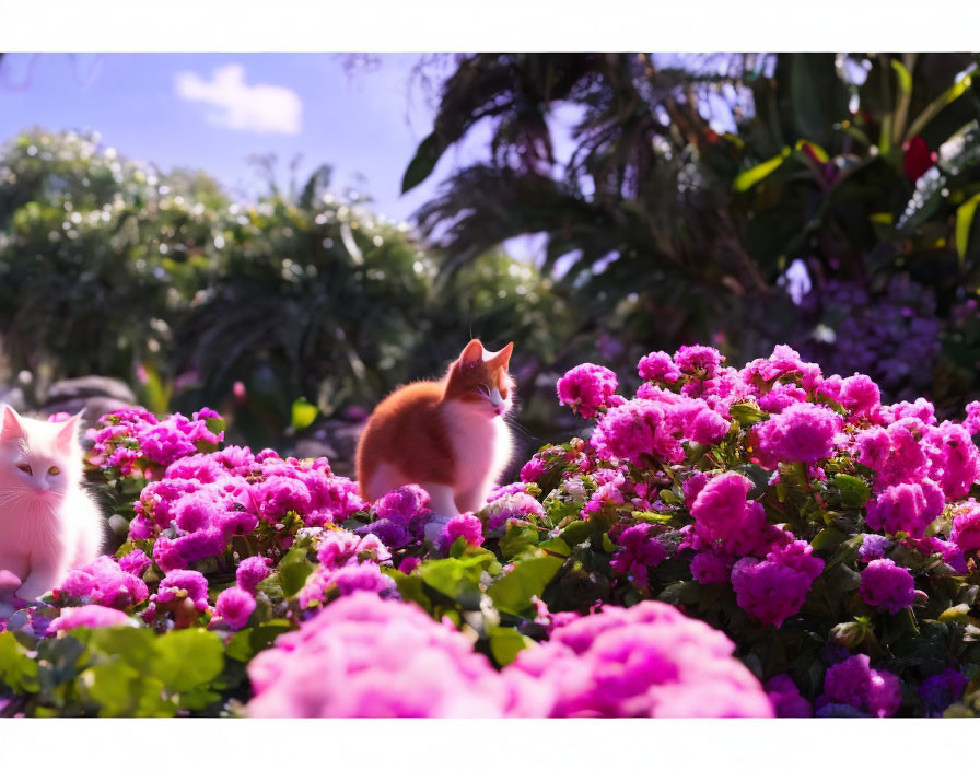Two Cats Surrounded by Pink Flowers and Greenery Under Sunny Sky