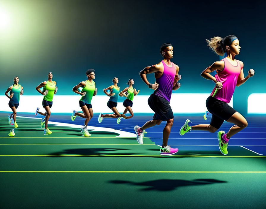 Diverse runners in colorful athletic wear sprinting on a dynamic track