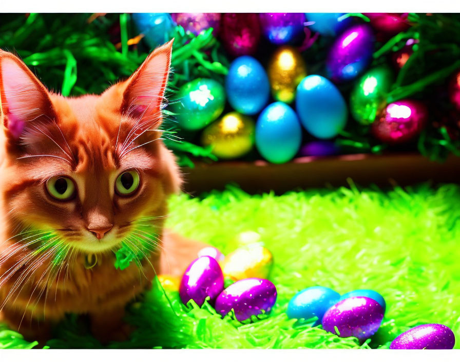 Orange Cat Surrounded by Easter Eggs and Vibrant Colors