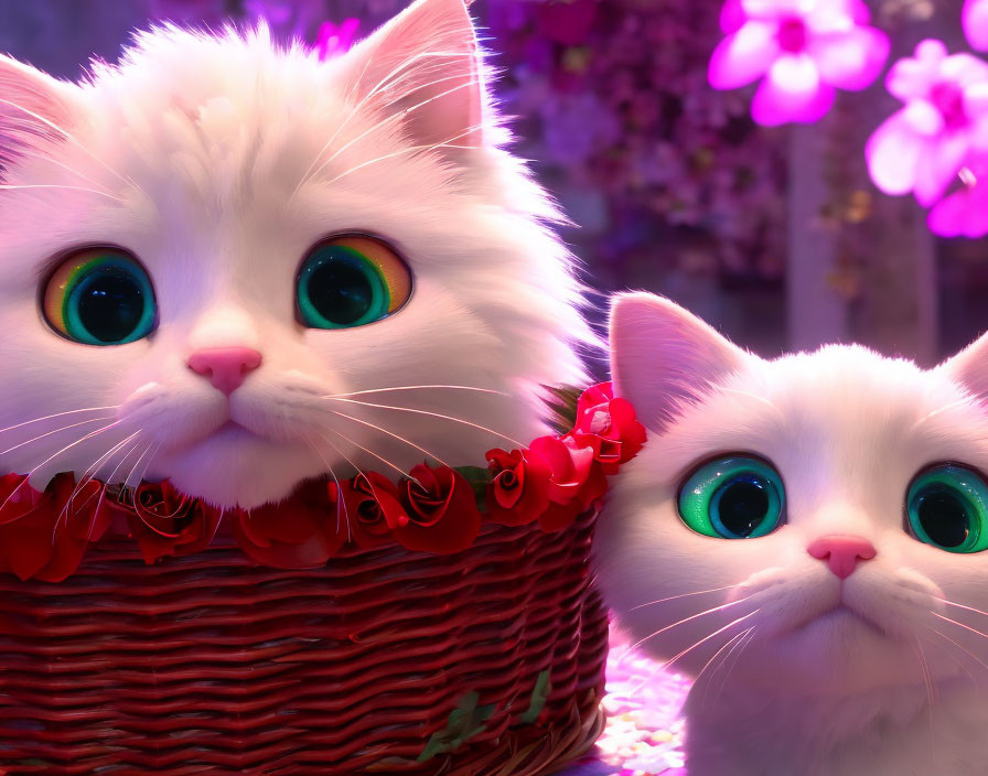 Two white cats with green eyes in red basket with roses, purple background.