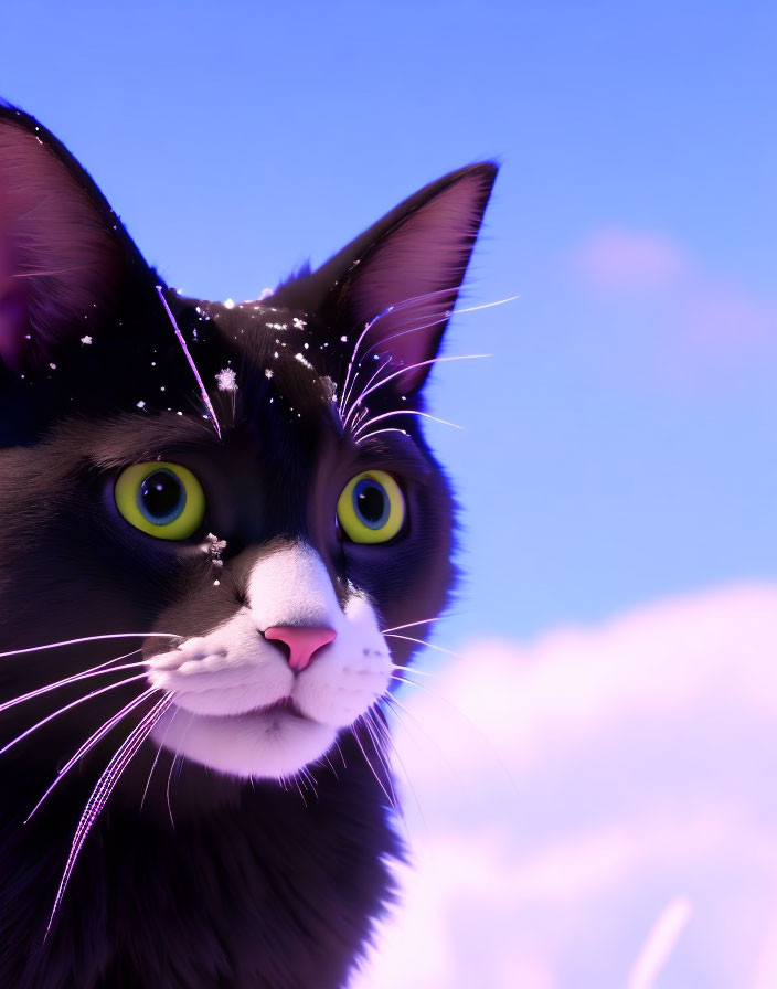 Black cat with green eyes and snowflakes on fur against blue sky.