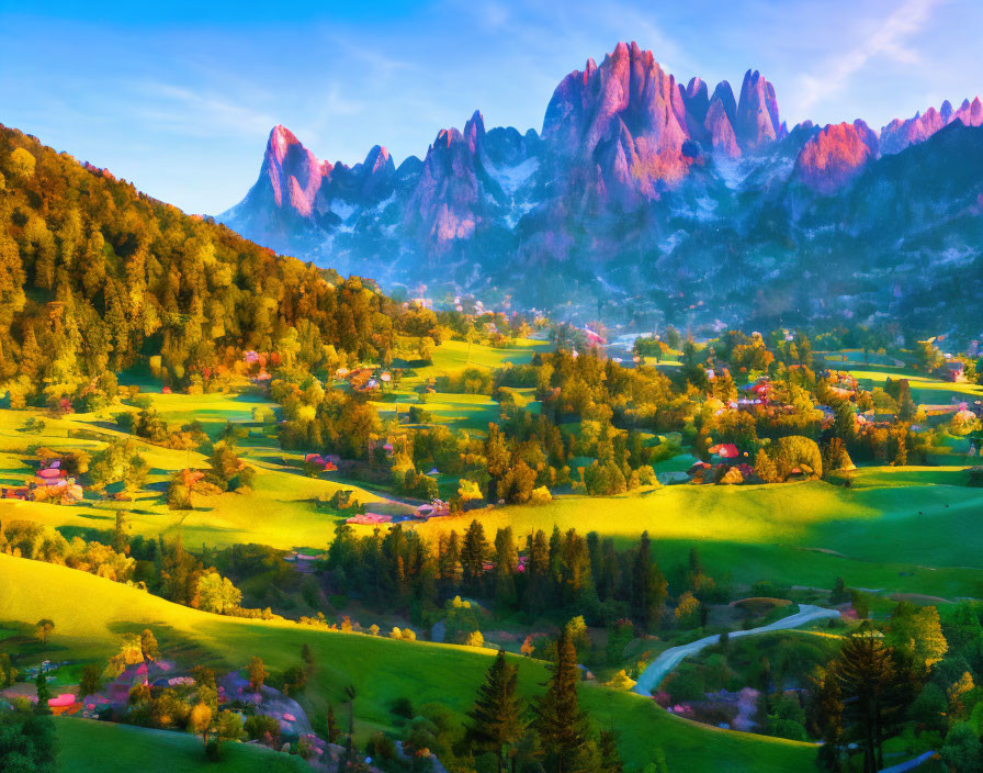 Scenic green valley with houses, hills, and dramatic mountain peaks