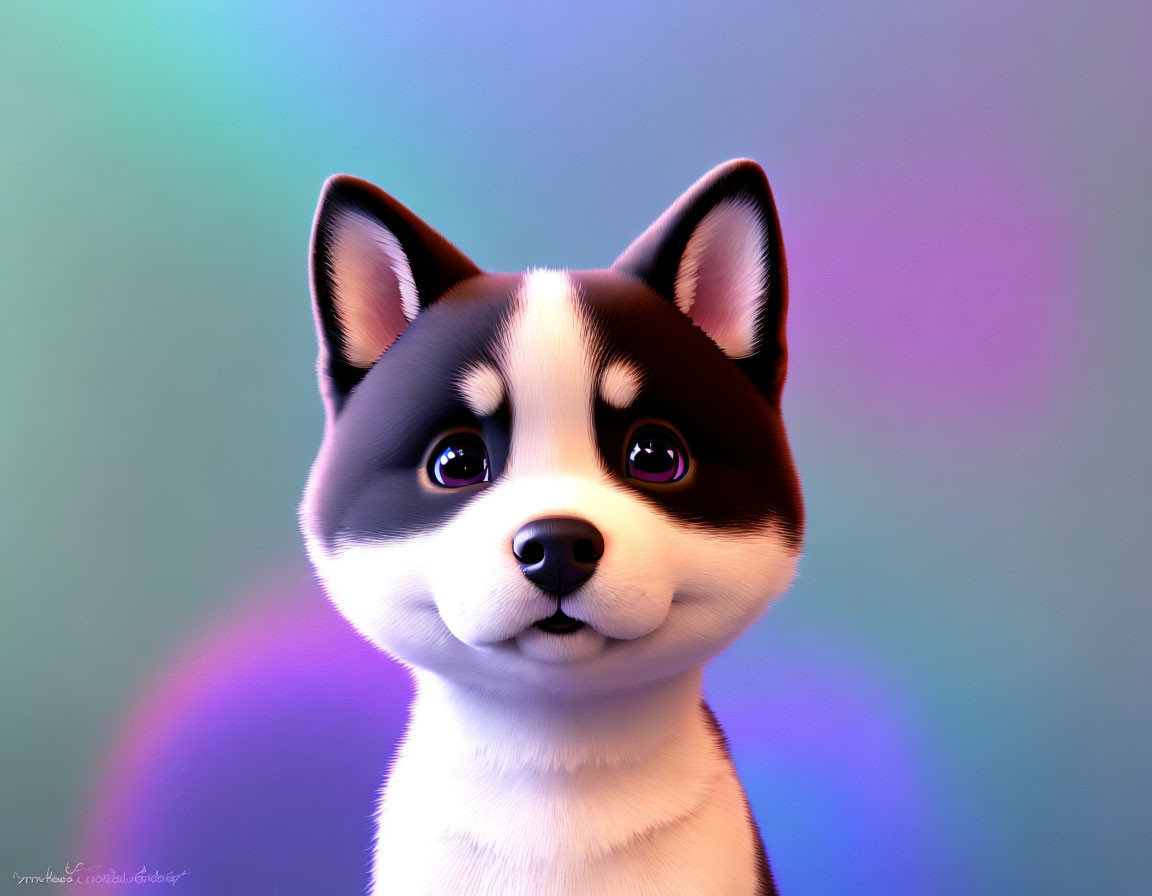 Cartoon husky with expressive eyes on colorful gradient background