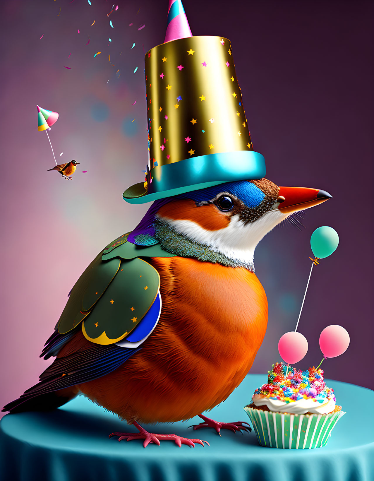 Colorful Bird with Party Hat Next to Cupcake on Purple Background