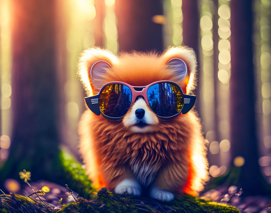 Red Pomeranian Dog in Sunglasses in Sunlit Forest