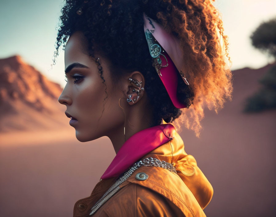 Curly-haired woman with multiple earrings in yellow jacket and pink headband in desert setting