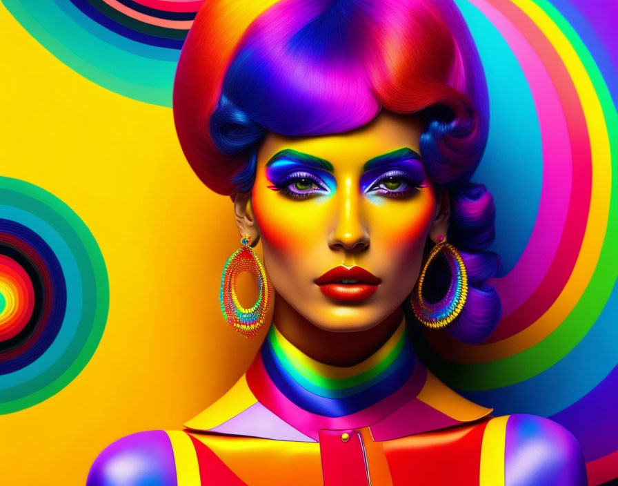 Colorful woman with rainbow hair, makeup, and attire on vibrant background