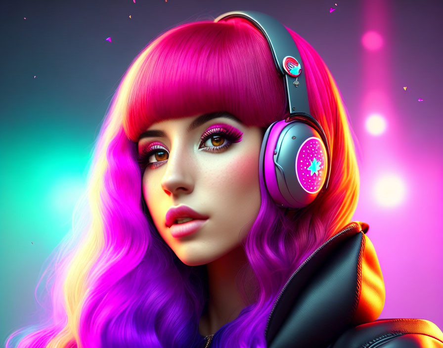 Vibrant pink and purple haired woman with headphones in neon-lit digital art