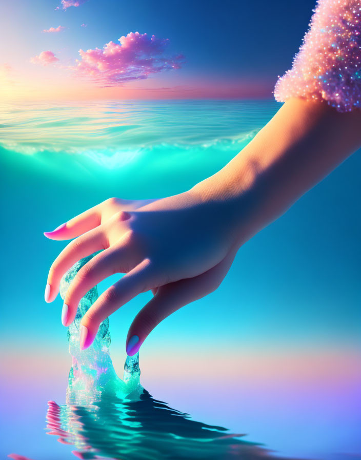 Glittery hand touching water under colorful sky