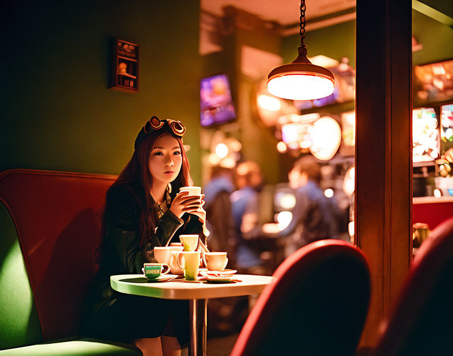 Steampunk woman with goggles at cafe table holding coffee mug