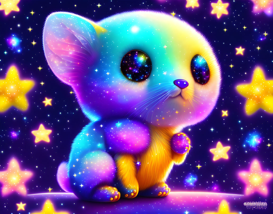 Colorful Cosmic-Themed Kitten in Starry Space