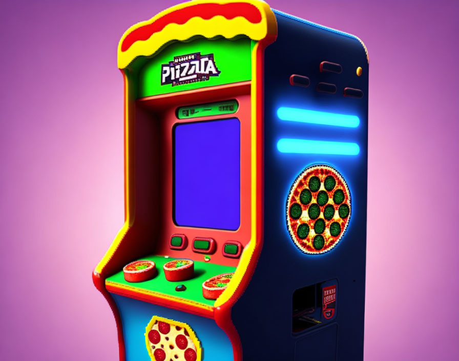 Pizza-themed Retro Arcade Game Machine with Vibrant Design