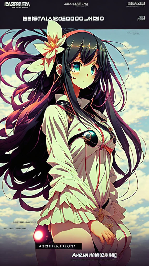 Illustrated poster of female anime character with long black hair, green eyes, futuristic white and orange outfit