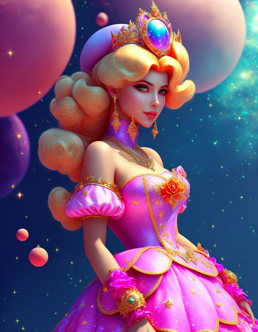 Illustration of woman in regal dress with blonde hair against celestial backdrop