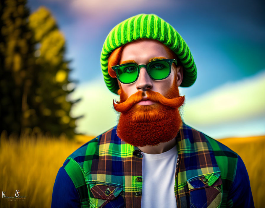 Colorful portrait of a man with orange beard and green beanie in nature