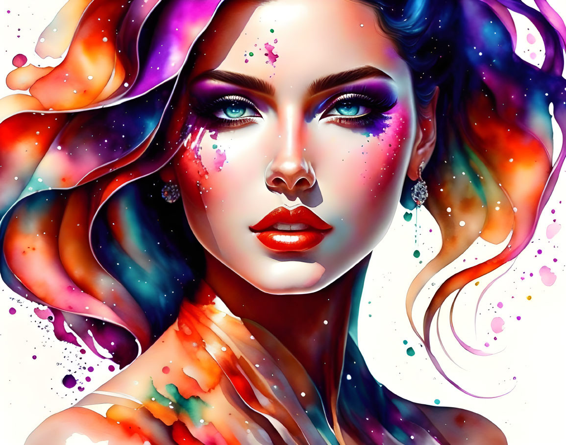 Colorful Cosmic-Inspired Digital Portrait of Woman with Striking Green Eyes