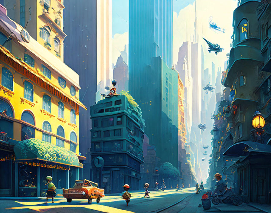 Vibrant futuristic cityscape with skyscrapers, flying vehicles, and pedestrians in warm sunlight