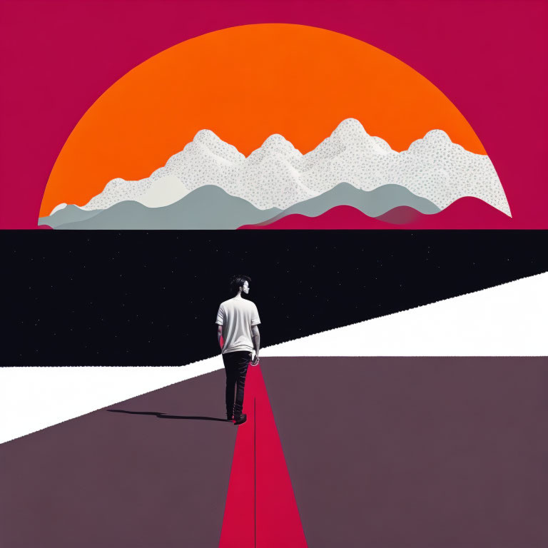 Person standing at geometric junction with sunset and mountains.