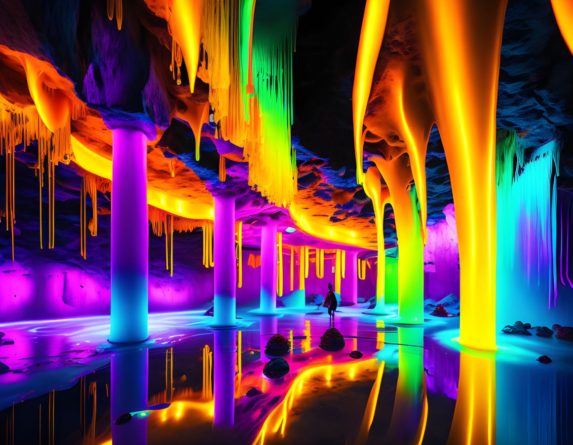 Colorful illuminated cave with blue, purple, yellow, and pink stalactites and stalagmites