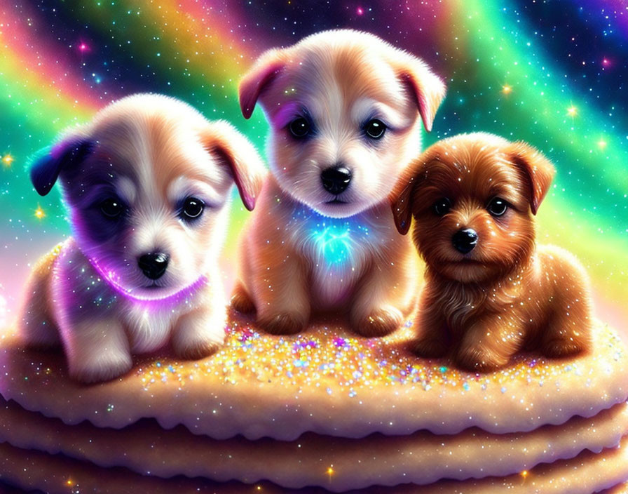 Adorable puppies on pancake with starry backdrop