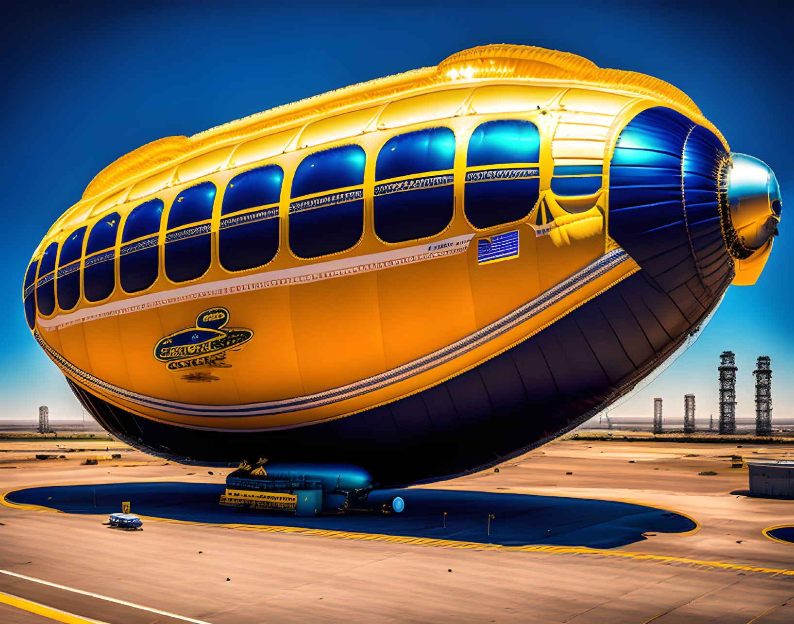 Large yellow and blue airship with "Goodyear" branding on tarmac under clear skies