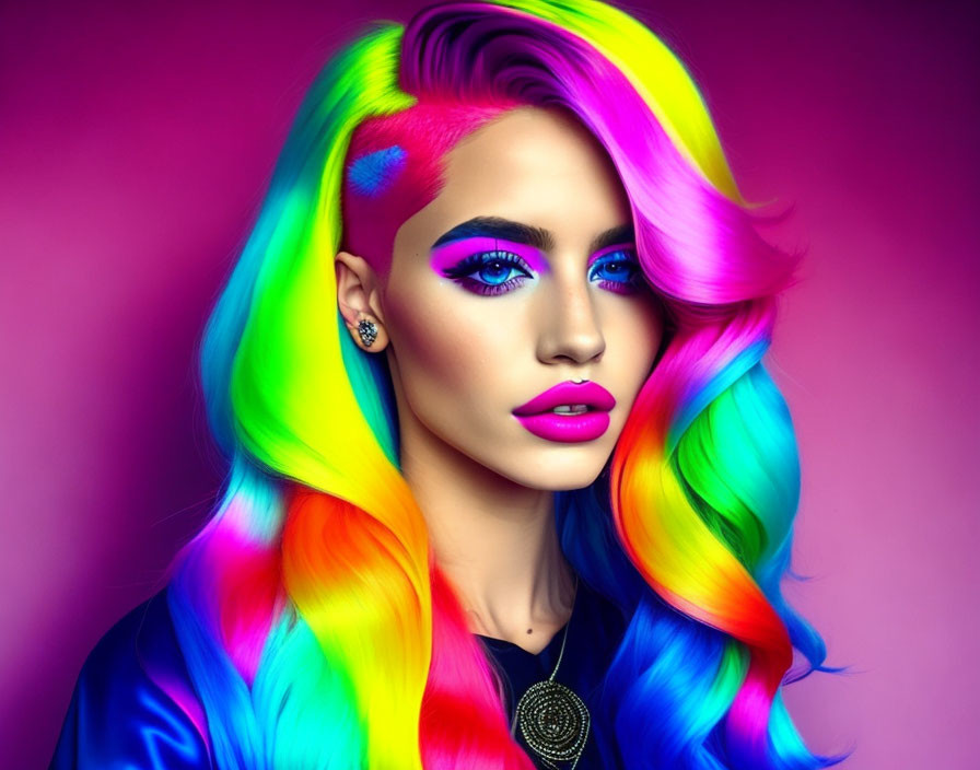 Vibrant rainbow-colored hair woman with blue eyeshadow on pink background