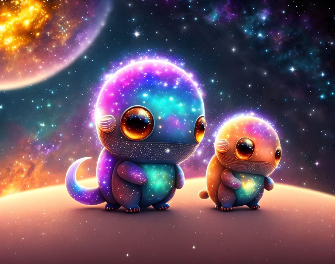 Stylized galaxy creatures on celestial body in starry space