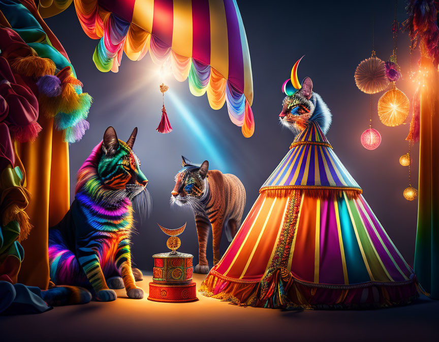 Colorful cats in circus-themed setting with artistic fur patterns