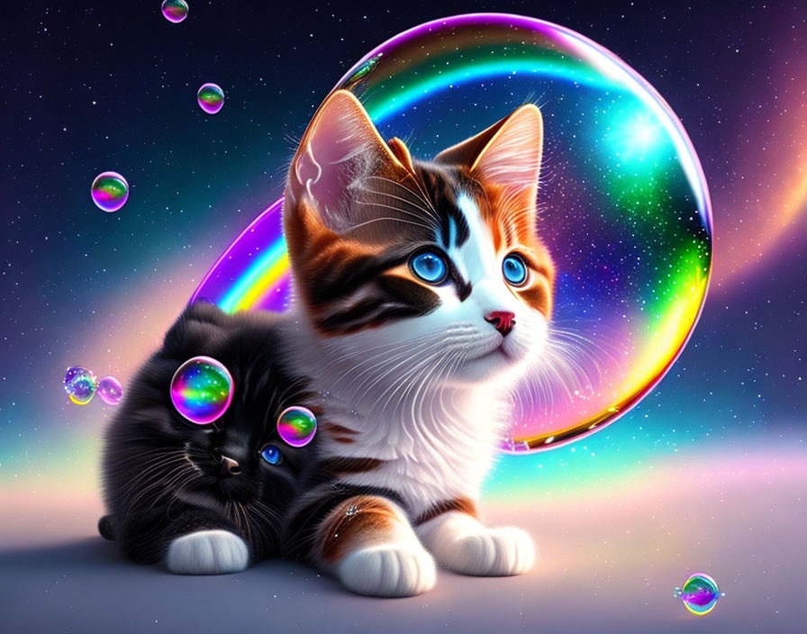 Vibrant animated kittens in sparkling soap bubbles under starry sky